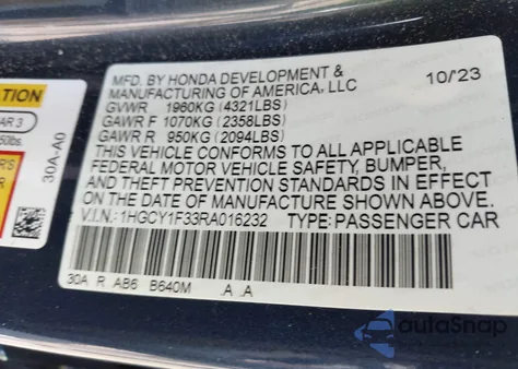 2024 Honda Accord Ex from USA, damaged, VIN 1HGCY1F33RA016232